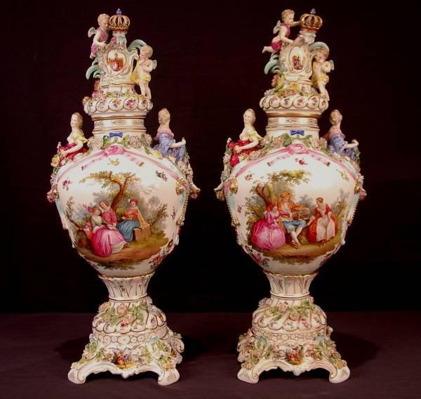 This pair of large 19th century Dresden urns will be sold at auction April 5th by Stevens Auction Company.