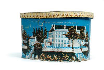 Lot 322: AMERICAN WALLPAPER BANDBOX.  Second quarter-19th century.  Blue with peacocks on the lid and the "Deaf and Dumb Asylum" on the base.  Good color.  