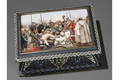 A Russian silver gilt cloisonne and en-plein enamel casket sold for $256,750.  