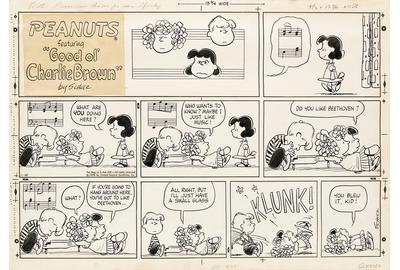 Lot 183: Charles Schulz, Do you like Beethoven?, ink and graphite, signed and inscribed, for Peanuts, 1970.  Estimate $20,000 to $30,000.