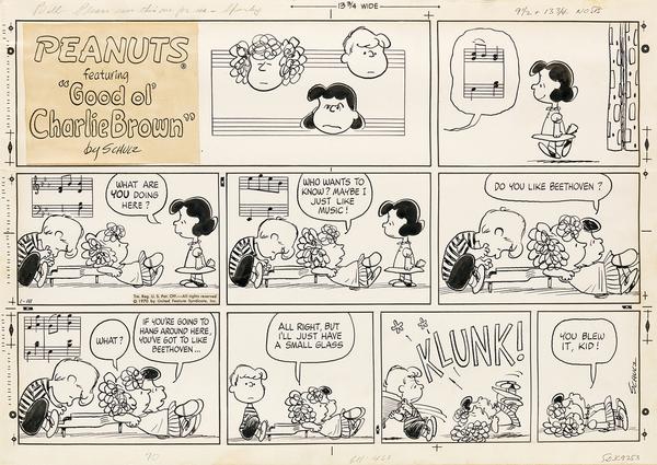 Lot 183: Charles Schulz, Do you like Beethoven?, ink and graphite, signed and inscribed, for Peanuts, 1970.  Estimate $20,000 to $30,000.