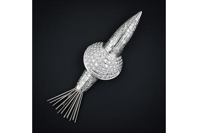 Mid-1960s Rocket Ship Brooch, platinum and diamonds.