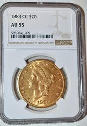 1883-CC (Carson City, Nevada) $20 U.S.  Liberty Head gold coin, graded AU55.