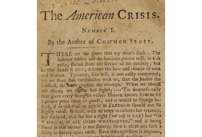 Lot 19: Thomas Paine, The American Crisis, Parts I & II, first separate edition, first state, Philadelphia, 1776-77.  Estimate $50,000 to $75,000.