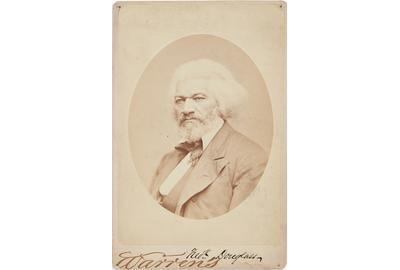 Lot 190: Frederick Douglass, signed albumen cabinet card, by George Kendall Warren, circa 1879.  Estimate $10,000 to $15,000.