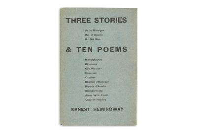 Lot 193: Ernest Hemingway, Three Stories & Ten Poems, limited first edition, Paris, 1923.  Sold May 15, 2018, for $23,750.  (Pre-sale estimate: $20,000 to $30,000)