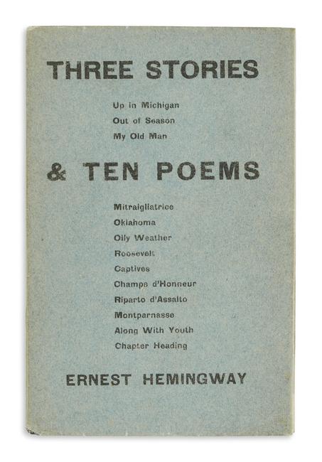 Lot 193: Ernest Hemingway, Three Stories & Ten Poems, limited first edition, Paris, 1923.  Sold May 15, 2018, for $23,750.  (Pre-sale estimate: $20,000 to $30,000)