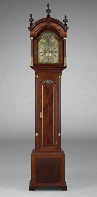 Tall Case Clock Movement : William Claggett, Newport Rhode Island, ca.  1740, Case: Unidentified Maker, Newport, Rhode Island, ca.  1765, mahogany, chestnut, white pine; brass, iron, steel and lead, Museum Purchase, 1972-36