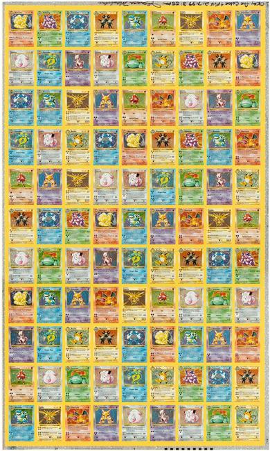 1999 Pokémon Shadowless Holographic uncut one-of-a-kind proof sheet with 99 cards including 7 Charizard cards.  Earliest uncut Pokémon proof sheet ever offered at auction.  Provenance: Hasbro employee who received it as gift in 1999.  Sold for a world-record auction price of $234,171