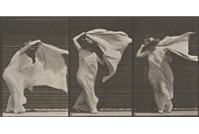 Eadweard Muybridge, Lifting shawl, putting it around shoulders and turning, plate 233 [detail] from Animal Locomotion, 1887.  Heckscher Museum of Art; Gift of Mrs.  Jill Tane.