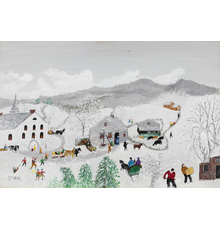 Grandma Moses (nee Anna Mary Robertson, American, 1860-1961), ‘Deep Snow,’ 1957, oil on Masonite, 22¾ x 30 5/8in (framed), artist-signed at lower left.  Titled and dated on original artist’s label on verso.  Direct line of provenance back to the artist.  Copyright Grandma Moses Properties Co., New York.  Estimate $60,000-$80,000