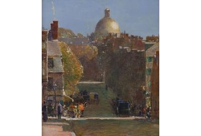 Childe Hassam (1859-1935), Mount Vernon Street, Boston, Looking Toward the State House, c.  1890.  Oil on canvas, 18 ¼ x 16 in.  Signed lower right.  Courtesy of Godel & Co.  Fine Art (NY)