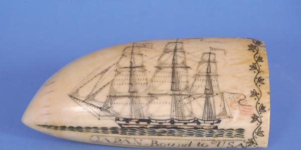 Edward Burdett, Whaleship Japan of Nantucket Homeward Bound to the USA, circa 1825-1829, Whale tooth, pigment, Private Collection.