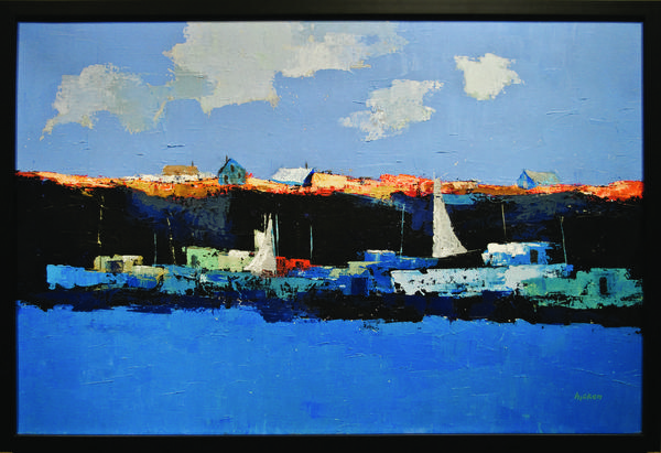 Harbor Wall, acrylic on canvas, c.  1980, 20" x 30", framed and signed.  Hicken's daring and dramatic use of color is nowhere more evident than in this gem.  