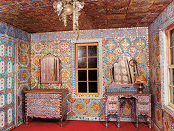 "Beautiful Holy Jewel Home" bedroom with embellished walls and furniture.  From the John Michael Kohler Arts Center Collection.