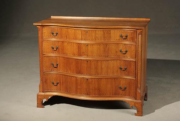 Federal Ebonized and Satinwood Wood Inlaid Cherry Serpentine Chest of Drawers Attributed to Nathan Lombard (1777-1847), Sutton, Massachusetts, Circa 1800-1805, Estimate: $30,000-$50,000.