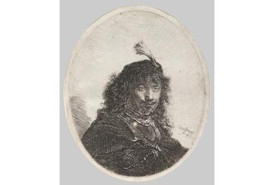 Rembrandt van Rijn (1606–1669), Self Portrait with Plumed Cap and Lowered Sabre, 1634.  Etching and drypoint, 5 x 4 1/2 in.  