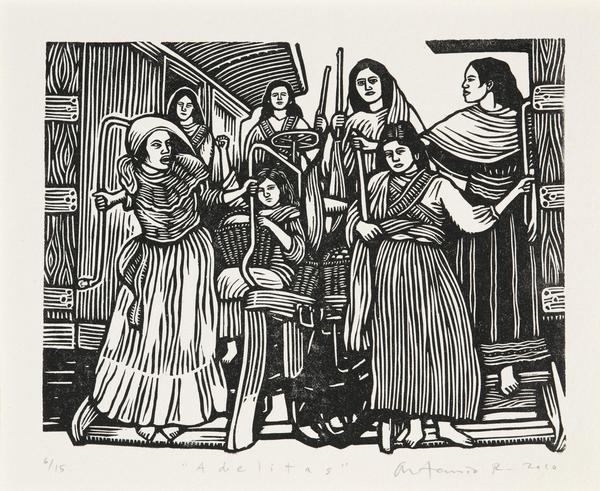 Artemio Rodriguez, Adelitas from Estampas de la Revolución Mexicana, 2010.  Linocut.  Collection of the McNay Art Museum, Museum purchase.