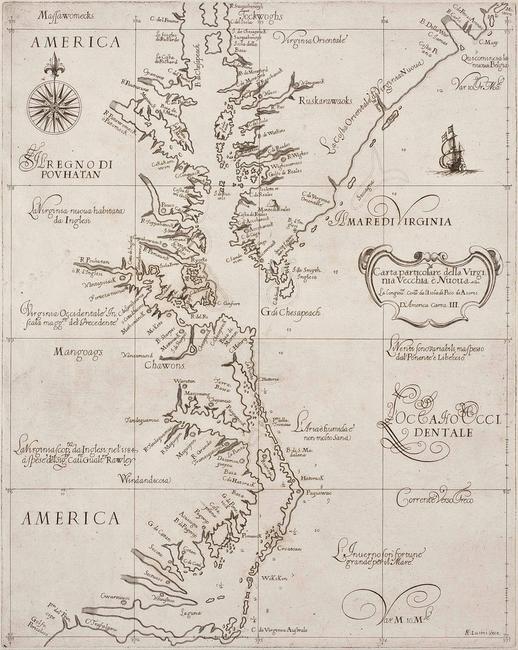 Carta particolare della Virginia Vecchia è Nuoua Sir Robert Dudley, Cartographer; Engraved by Antonio Francesco Lucini Florence, 1647 Black and white line engraving Gift of Virginia Cartographical Society, 2017-205 