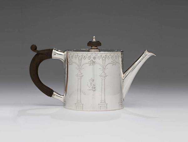 Teapot, 1771-1772; marked by Andrew Fogelberg, Swedish/English, working ca.  1767-deceased ca.  1815; sterling silver and wood; London, England; gift of Angus Sladen of Hampshire, England, a descendent of the fourth earl of Dunmore, 2018-128