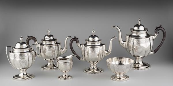 Tea and Coffee Set Littleton Holland Baltimore, Maryland ca.  1800 Silver, wood Bequest of Mr.  and Mrs.  Joseph H.  Hennage, 2020-249, 1-6