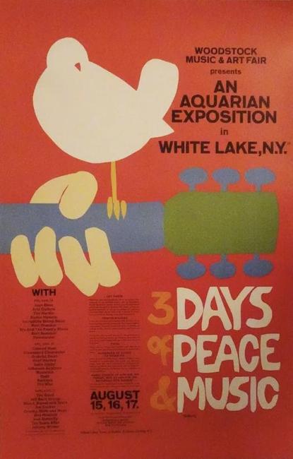 Original poster for Aug.  15-17, 1969 Woodstock music festival, with original Type-1 printing.  Artist: Arnold Skolnick.  Estimate $5,000-$7,000