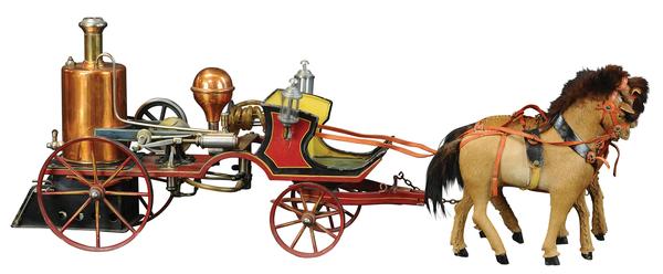 Large and beautiful Marklin horse-drawn fire pumper, vertical brass boiler with nickel-plated fittings and valves, fastidious hand-painting and pinstriping, 29in long.  Provenance: Bill Bertoia collection.  Estimate $25,000-$45,000