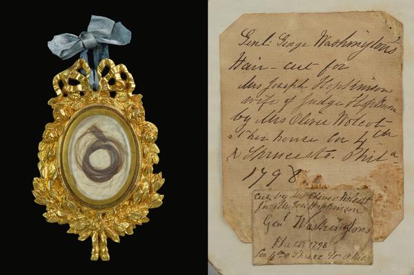 Substantial lock of George Washington’s (1732-1799) hair, framed and encased in ornate gilt-metal locket.  Two applied notes of provenance on verso indicating the hair was ‘Cut by Mrs.  Oliver Wolcot (sic.) at her house 4th & Spruce Sts.  Phila 1798’ for Mrs.  Joseph Hopkinson.’ Hopkinson Family Archive.  Estimate $15,000-$25,000