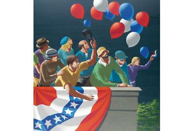 Lot 228: Leonard E.  Fisher, The 4th of July, acrylic on board, 2014.  Estimate $10,000 to $15,000.