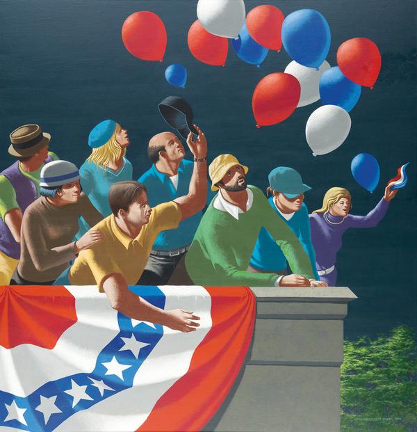 Lot 228: Leonard E.  Fisher, The 4th of July, acrylic on board, 2014.  Estimate $10,000 to $15,000.