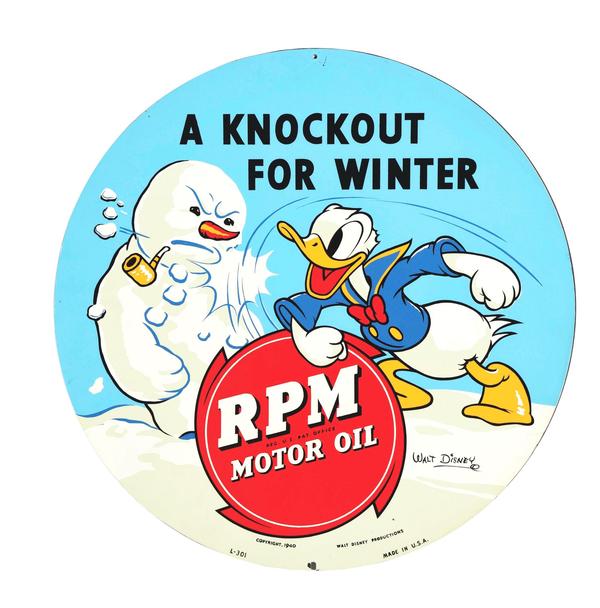 Rare circa-1940s RPM Motor Oils ‘A Knockout For Winter’ taxi cab spare tire insert sign with Donald Duck graphic, 23½in in diameter.  Outstanding colors and graphics with high gloss overall.  Sold for $18,000 against an estimate of $2,500-$4,500