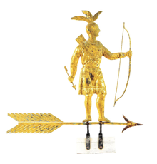 Molded and gilded-copper weathervane depicting full-bodied standing Massasoit Indian with bow and arrow atop directional arrow with molded zinc arrowhead.  Made by Harris & Co., Boston, late 19th century.  Sold comfortably within estimate range for $258,300