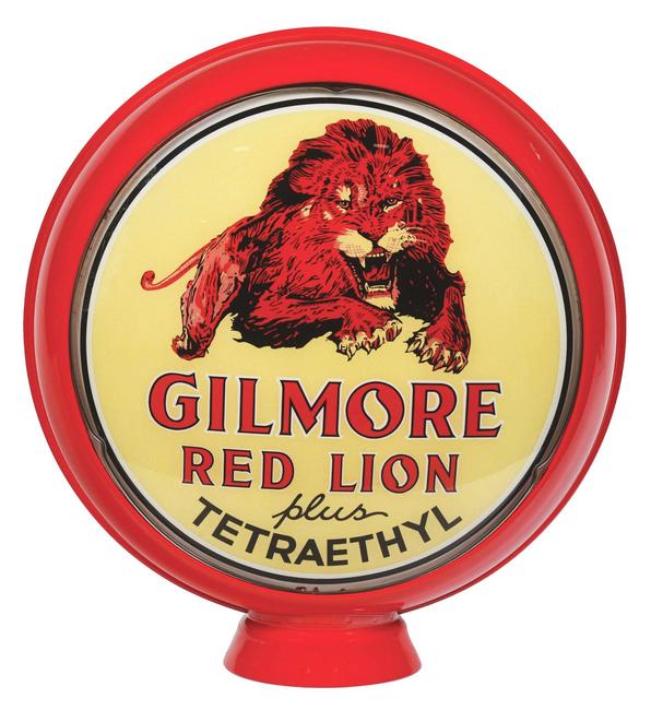 Superb Gilmore Red Lion Gasoline 15in single globe lens from Gilmore Oil Company, Los Angeles.  Condition 9.0 with bright, clean leaping-lion graphic.  Estimate $15,000-$25,000