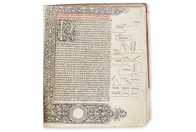 Euclid, Elementa geometriae, Venice, 1482.  Estimate $60,000 to $80,000.  At auction October 18.