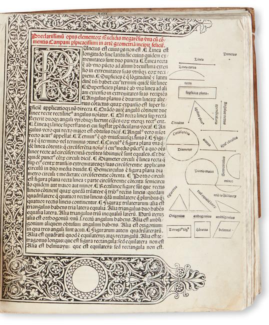 Euclid, Elementa geometriae, Venice, 1482.  Estimate $60,000 to $80,000.  At auction October 18.