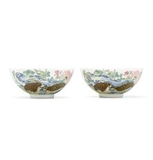 AN EXCEPTIONALLY RARE PAIR OF IMPERIAL 'QUAIL AND CHRYSANTHEMUM’ BOWLS, YONGZHENG MARKS AND OF THE PERIOD Estimate: $300,000-500,000