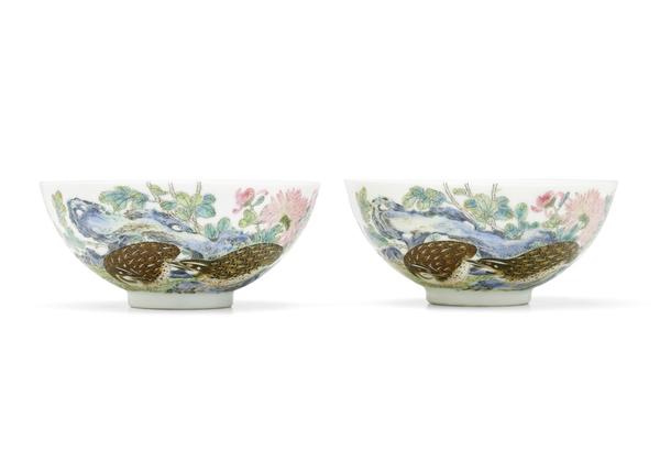 AN EXCEPTIONALLY RARE PAIR OF IMPERIAL 'QUAIL AND CHRYSANTHEMUM’ BOWLS, YONGZHENG MARKS AND OF THE PERIOD Estimate: $300,000-500,000