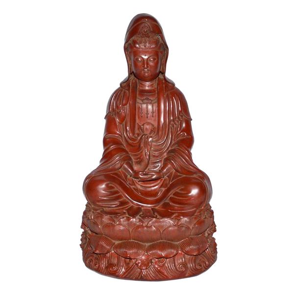 Lot 253, a tall statue of Guanyin of starched linen, hollow in the center where moulded clay was extracted.  $8,000-$15,000.  