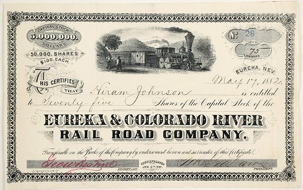 Stock certificate for 75 shares for the Eureka & Colorado River Rail Road Company (Nev.), issued to a Hiram Johnson, dated May 17, 1882, with a nice train vignette (est.  $500-$1,000).