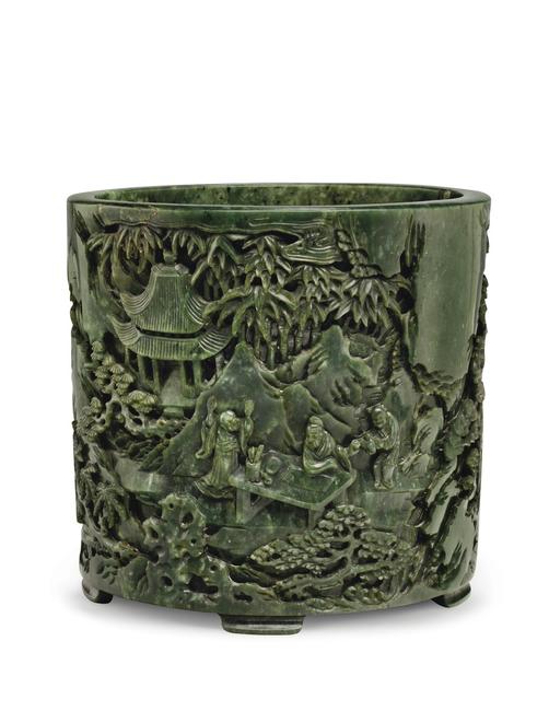  A Superb Green Jade Brush Pot, Bitong Qianlong Period (1736-1795), Estimate: $500,000-800,000 