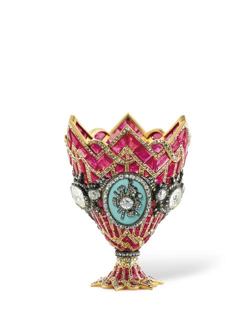 A Magnificent Swiss Gold, Ruby, Diamond, and Enamel Zarf, Geneva, circa 1840, estimate: $150,000-200,000 