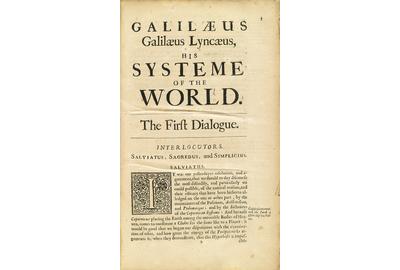 Lot 260: Galileo Galilei, Galilæus .  .  .  His Systeme of the World, in Thomas Salusbury's Mathematical Collections and Translations, first edition, London, 1661.  Estimate $10,000 to $15,000.