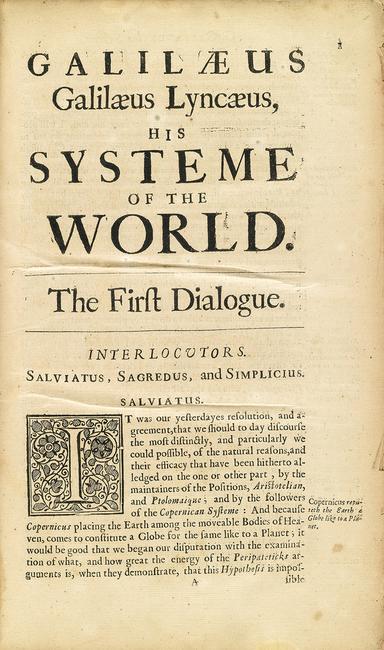 Lot 260: Galileo Galilei, Galilæus .  .  .  His Systeme of the World, in Thomas Salusbury's Mathematical Collections and Translations, first edition, London, 1661.  Estimate $10,000 to $15,000.