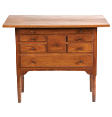 Circa-1840 Shaker dropleaf sewing table composed of butternut, cherry, pine and possibly basswood.  Probably from the Shaker community of Hancock, Massachusetts; attributed to family elder David Terry.  Attracted 69 bids and sold for $98,400 against an estimate of $5,000-$10,000