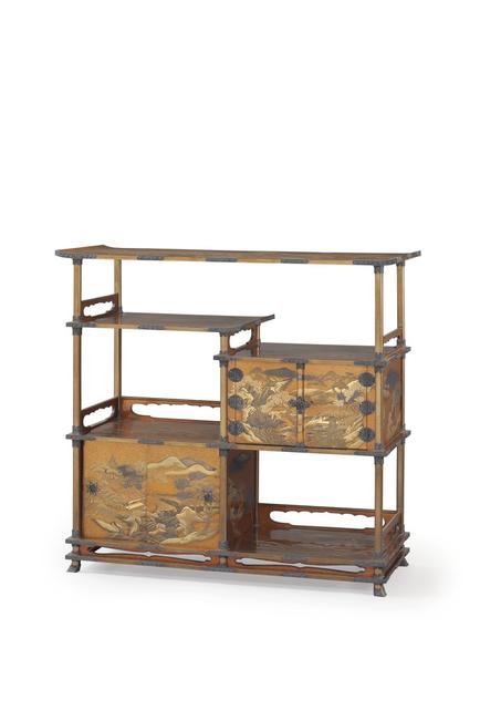 A gold lacquer display cabinet (kazaridana) Edo period (19th century) 45 ½ x 18 x 42 ½ in.  Estimate: $200,000-300,000 