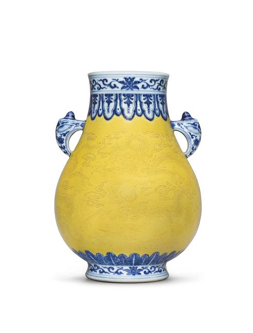 A Very Rare and Unusual Yellow-Ground Blue and White Vase, Hu Qianlong seal mark in underglaze blue and of the period (1736-1795) Estimate: $300,000-500, 