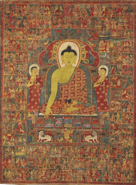 A rare and important thangka of Buddha with the One Hundred Jataka Tales Tibet, 13th/14th century 45 x 33 ¼ in.  (114.3 x 84.4 cm) Estimate: $600,000-800,000 