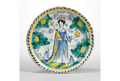 Tin Glazed Earthenware Queen Anne Charger, England, c.  1702-14 (Lot 206, Estimate $15,000-25,000)