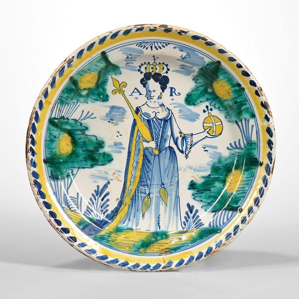 Tin Glazed Earthenware Queen Anne Charger, England, c.  1702-14 (Lot 206, Estimate $15,000-25,000)