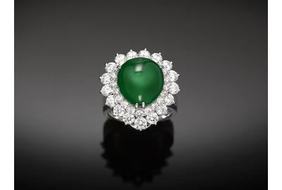 A rare and stunning Burmese Imperial jadeite is the star of this striking ring